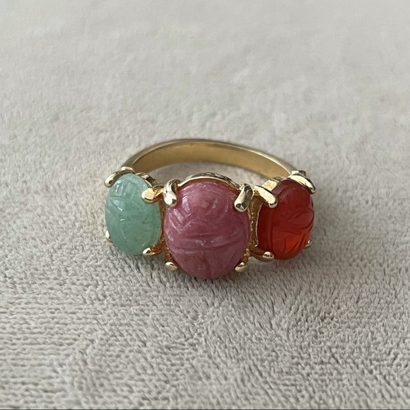 Jewelry - 3 Carved Gemstone Scarab Gold Tone Ring